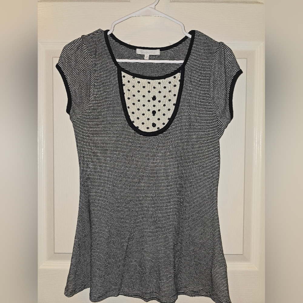 Black and White Striped Top with Polka Dot Detail